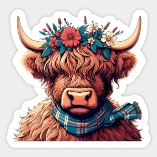 Funny scottish highland cow with flower crown Sticker